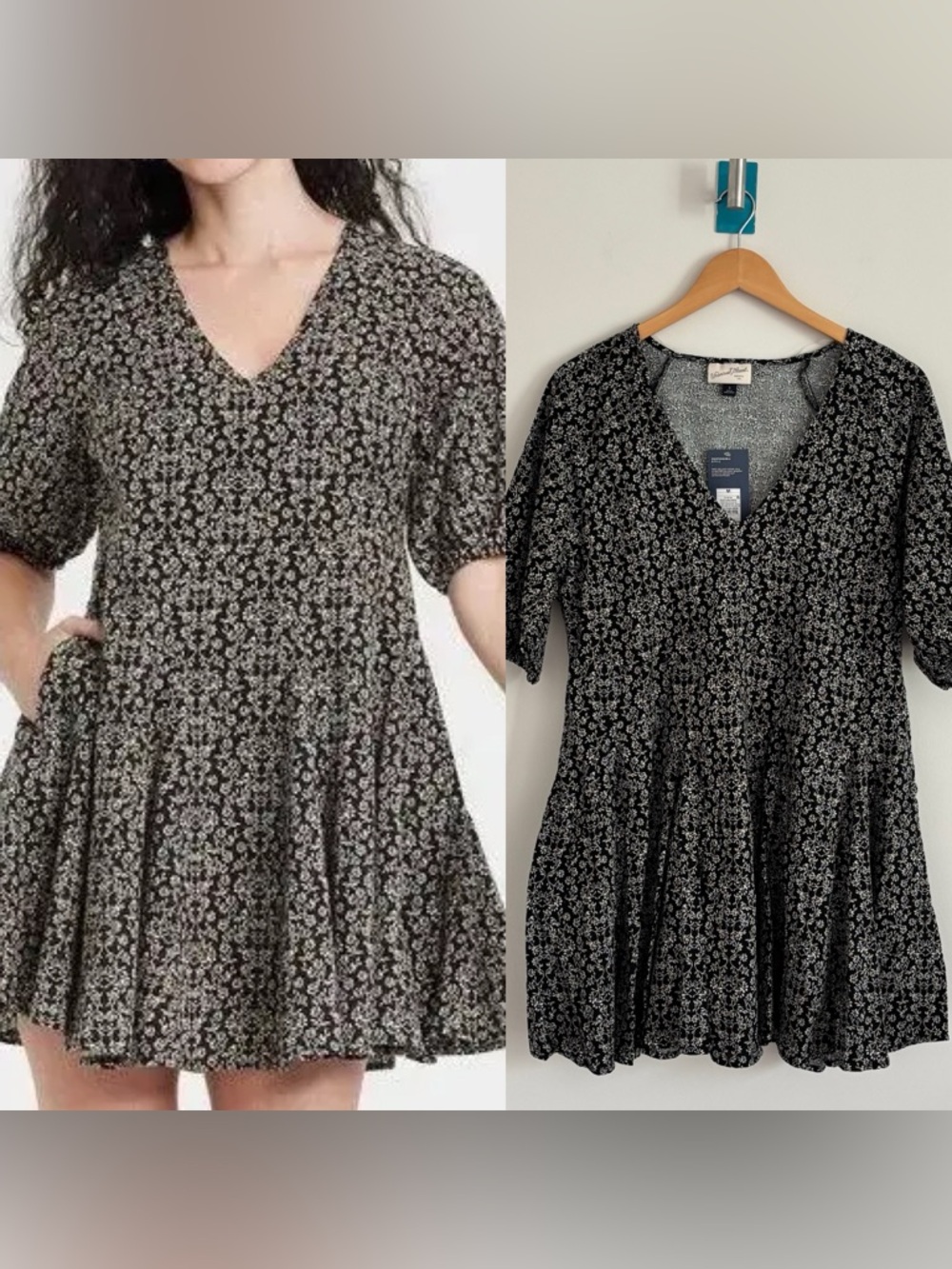Universal Thread Women's Bell Elbow Sleeve A-Line Dress Black Floral NEW